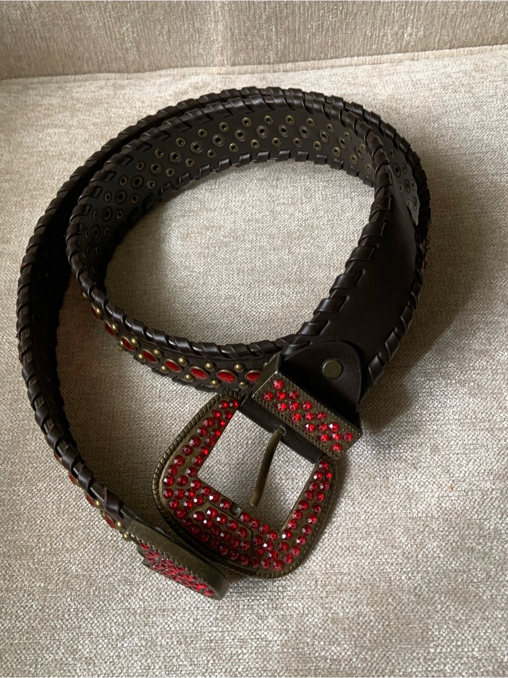 Dark Brown Leather Belt with Red Crystal Buckle and Accents
